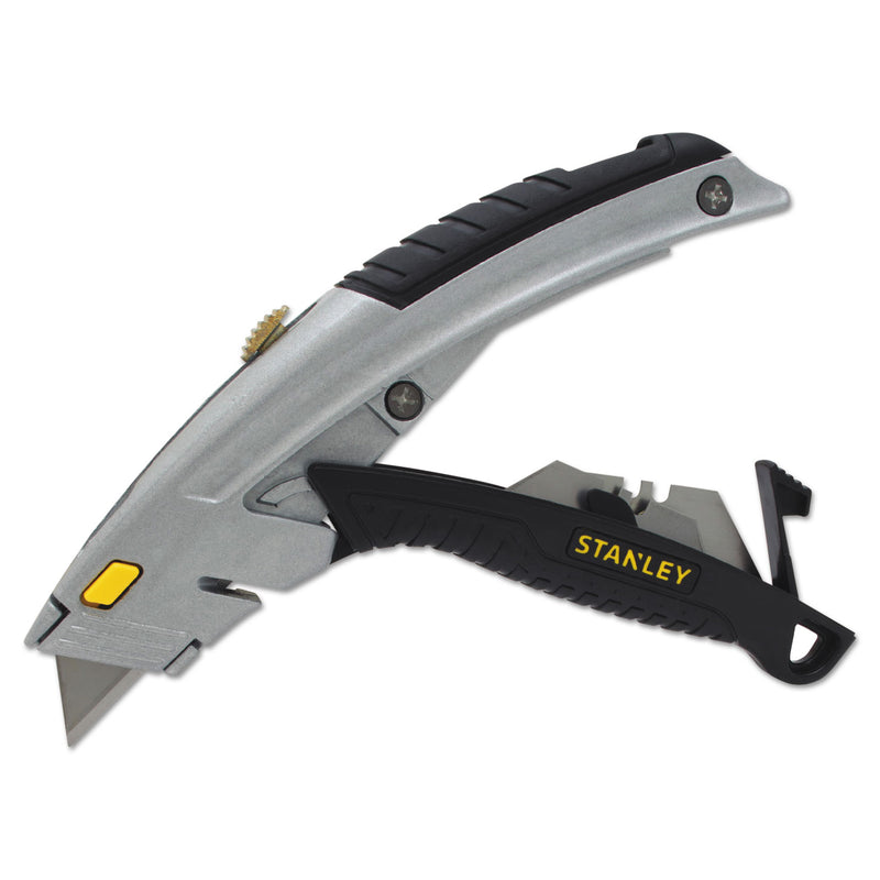 Stanley Curved Quick-Change Utility Knife, Stainless Steel Retractable Blade, 3 Blades, 6.5" Metal Handle, Black/Chrome
