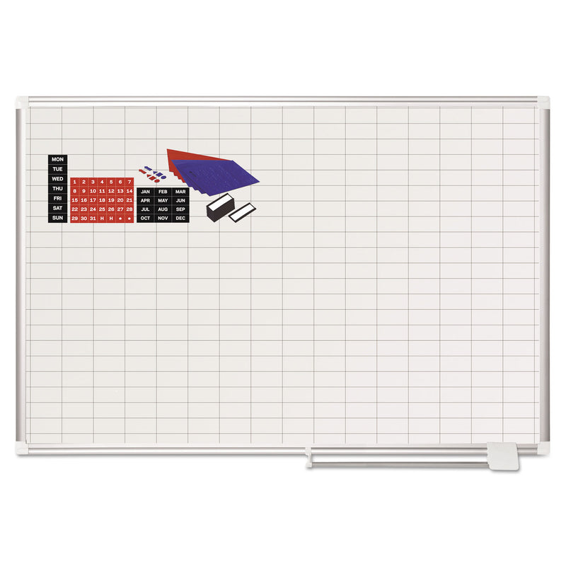 MasterVision Grid Planning Board w/ Accessories, 1 x 2 Grid, 48 x 36, White/Silver