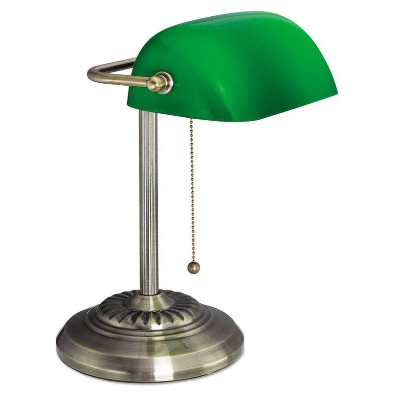 Alera Traditional Banker's Lamp, Green Glass Shade, 10.5"w x 11"d x 13"h, Antique Brass
