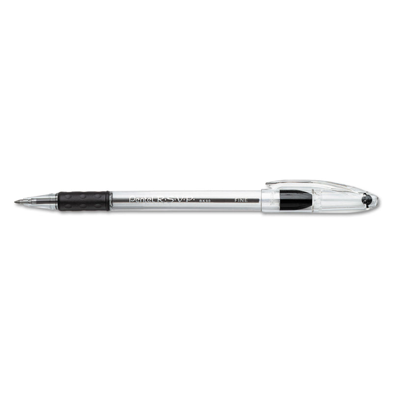 Pentel R.S.V.P. Ballpoint Pen, Stick, Fine 0.7 mm, Black Ink, Clear/Black Barrel, Dozen