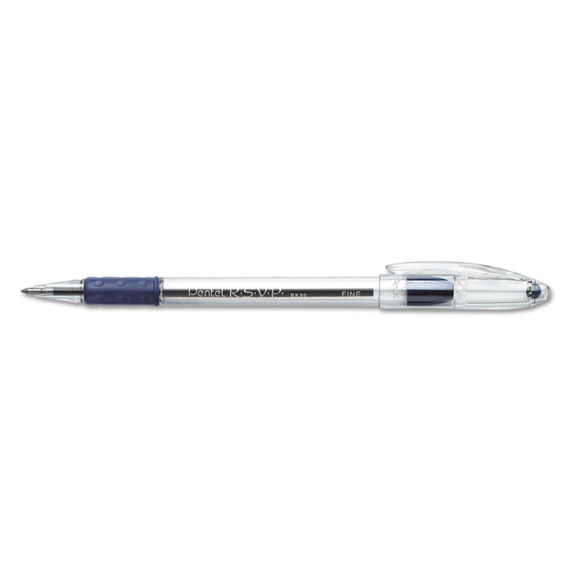Pentel R.S.V.P. Ballpoint Pen, Stick, Fine 0.7 mm, Blue Ink, Clear/Blue Barrel, Dozen