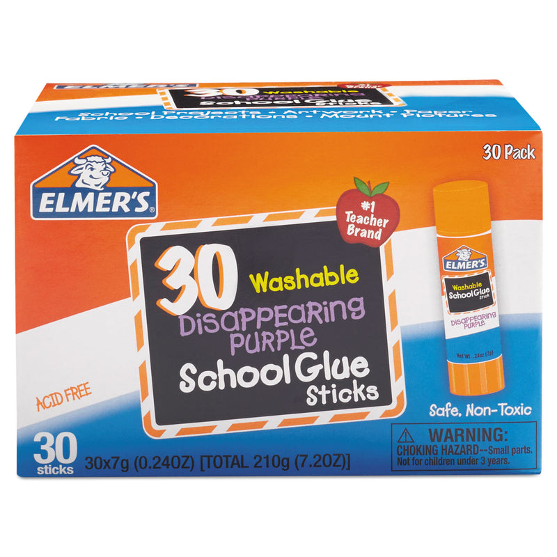 Elmer's Washable School Glue Sticks, 0.24 oz, Applies Purple, Dries Clear, 30/Box