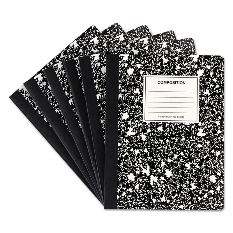 Universal Composition Book, Medium/College Rule, Black Marble Cover, 9.75 x 7.5, 100 Sheets, 6/Pack