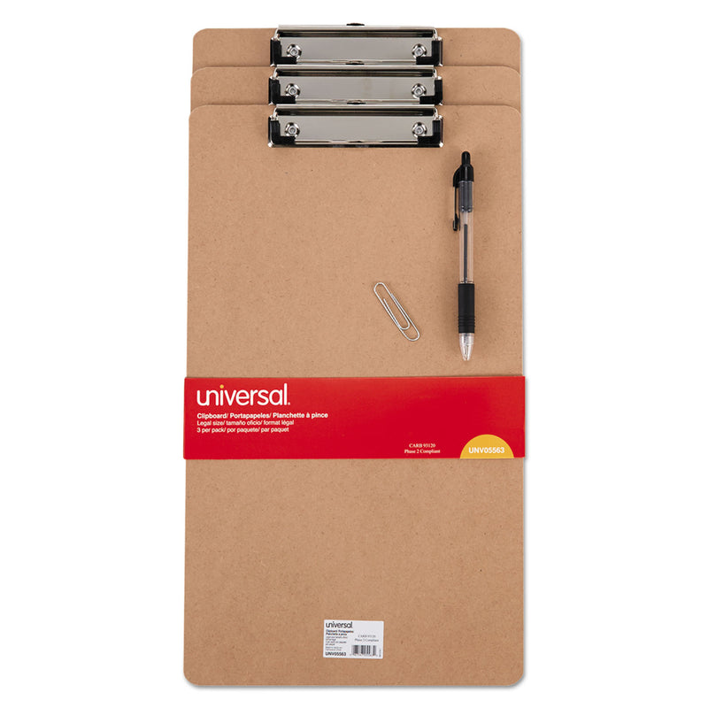 Universal Hardboard Clipboard with Low-Profile Clip, 0.5" Clip Capacity, Holds 8.5 x 14 Sheets, Brown, 3/Pack