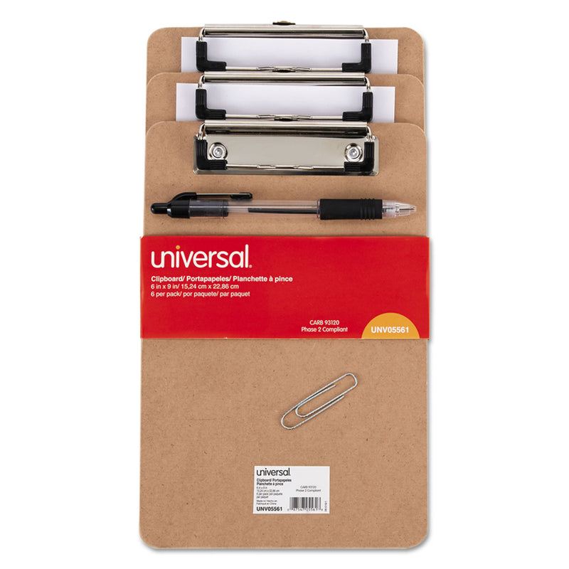 Universal Hardboard Clipboard with Low-Profile Clip, 0.5" Clip Capacity, Holds 5 x 8 Sheets, Brown, 6/Pack