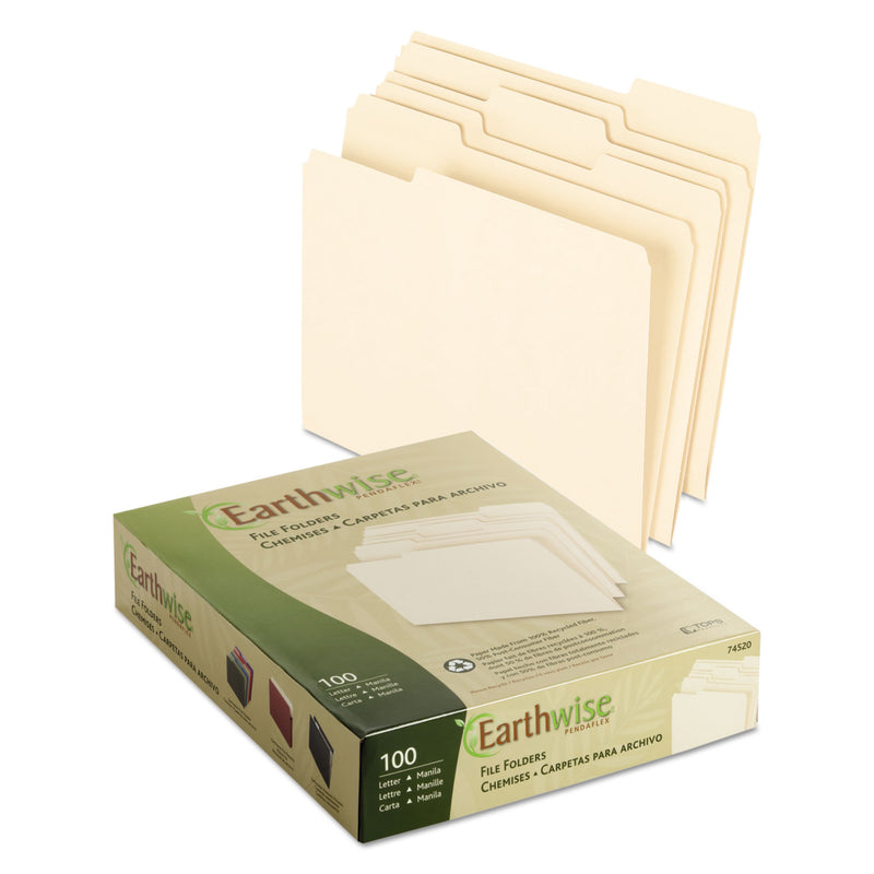 Pendaflex Earthwise by Pendaflex 100% Recycled Manila File Folder, 1/3-Cut Tabs: Assorted, Letter, 0.75" Expansion, Manila, 100/Box