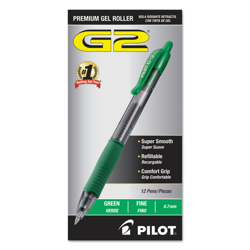 Pilot G2 Premium Gel Pen, Retractable, Fine 0.7 mm, Green Ink, Smoke Barrel, Dozen