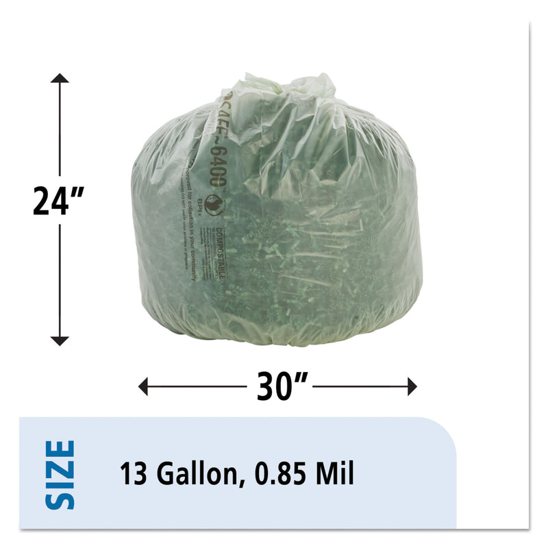 Stout EcoSafe-6400 Bags, 13 gal, 0.85 mil, 24" x 30", Green, 45/Box
