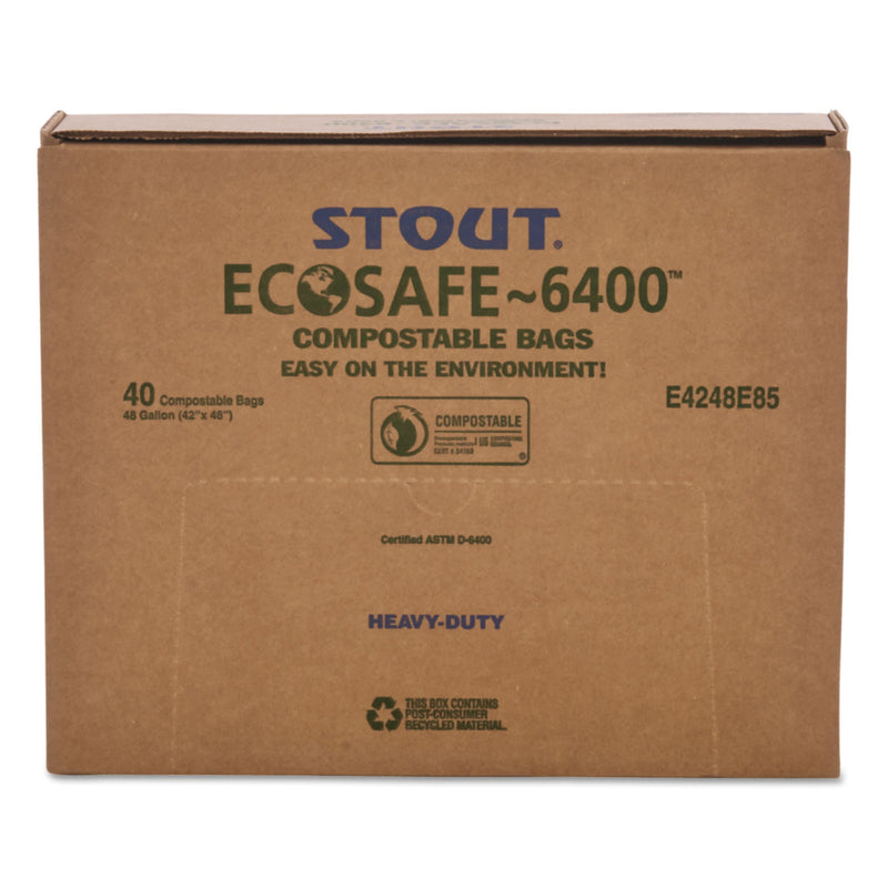 Stout EcoSafe-6400 Bags, 48 gal, 0.85 mil, 42" x 48", Green, 40/Box
