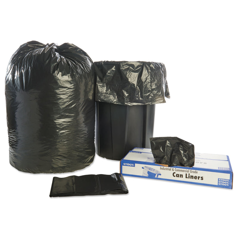 Stout Total Recycled Content Plastic Trash Bags, 60 gal, 1.5 mil, 38" x 60", Brown/Black, 100/Carton