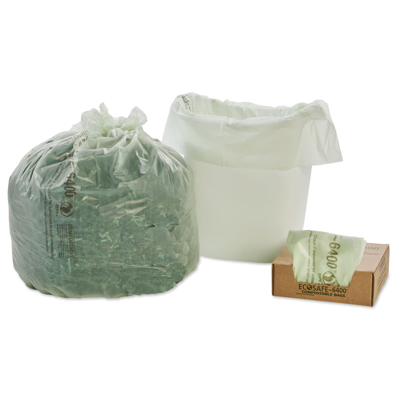 Stout EcoSafe-6400 Bags, 13 gal, 0.85 mil, 24" x 30", Green, 45/Box