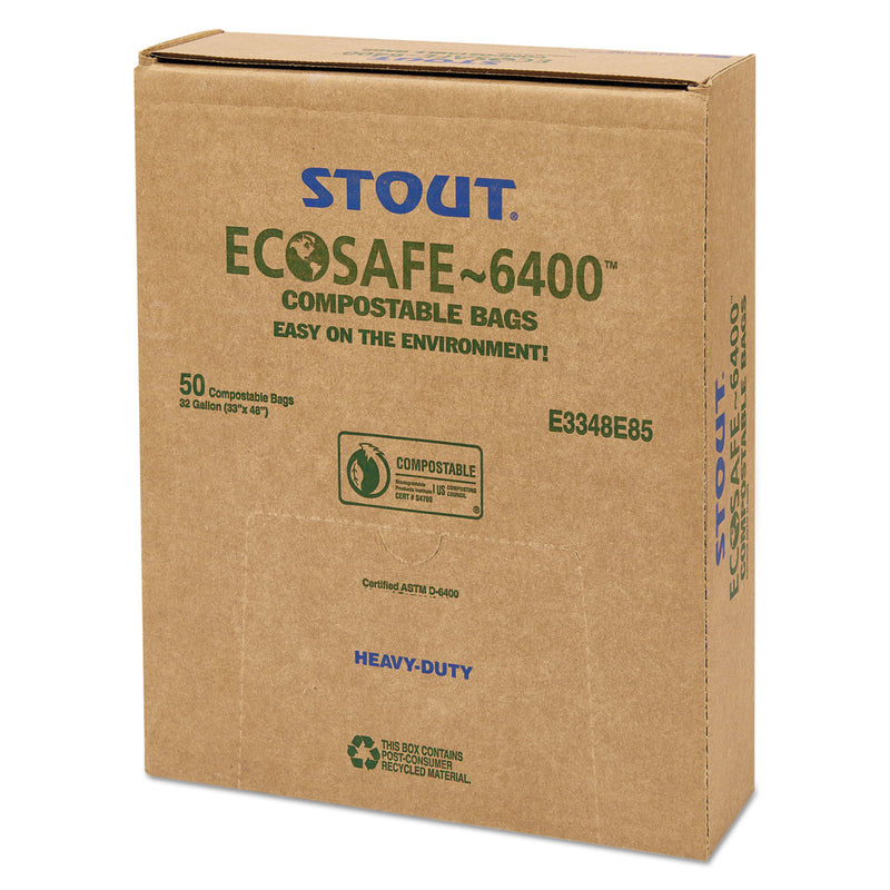Stout EcoSafe-6400 Bags, 32 gal, 0.85 mil, 33" x 48", Green, 50/Box