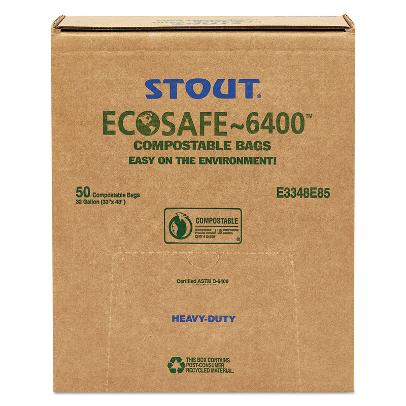 Stout EcoSafe-6400 Bags, 32 gal, 0.85 mil, 33" x 48", Green, 50/Box