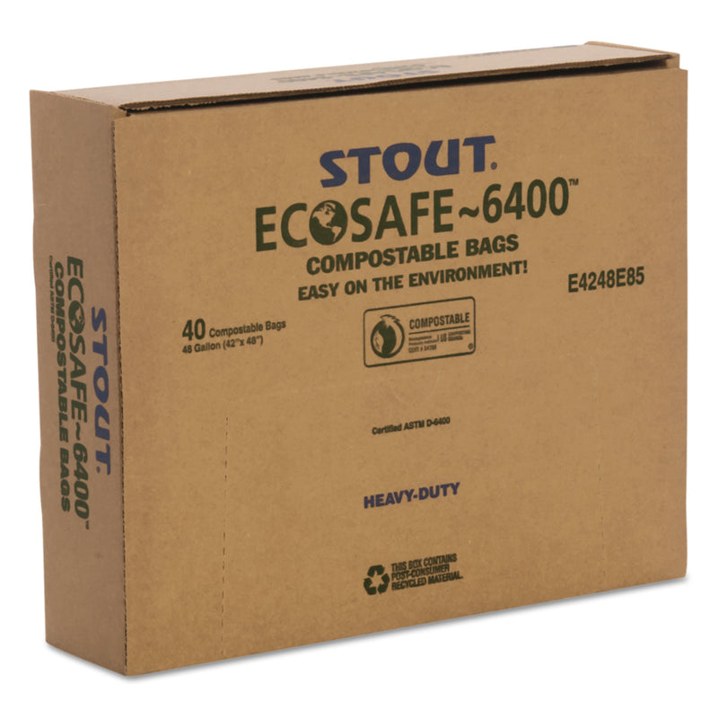 Stout EcoSafe-6400 Bags, 48 gal, 0.85 mil, 42" x 48", Green, 40/Box