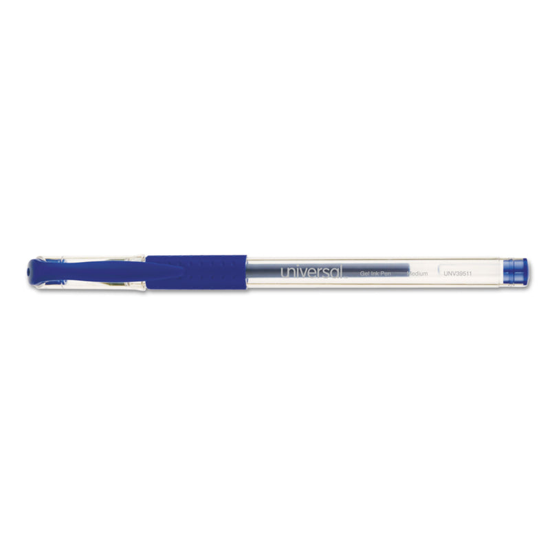Universal Comfort Grip Gel Pen, Stick, Medium 0.7 mm, Blue Ink, Clear Barrel, Dozen