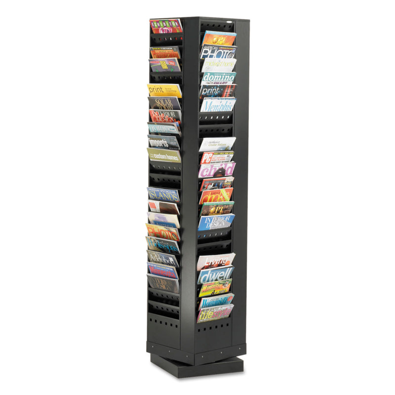 Safco Steel Rotary Magazine Rack, 92 Compartments, 14w x 14d x 68h, Black