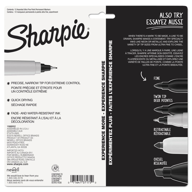 Sharpie Ultra Fine Tip Permanent Marker, Extra-Fine Needle Tip, Assorted Colors, Dozen