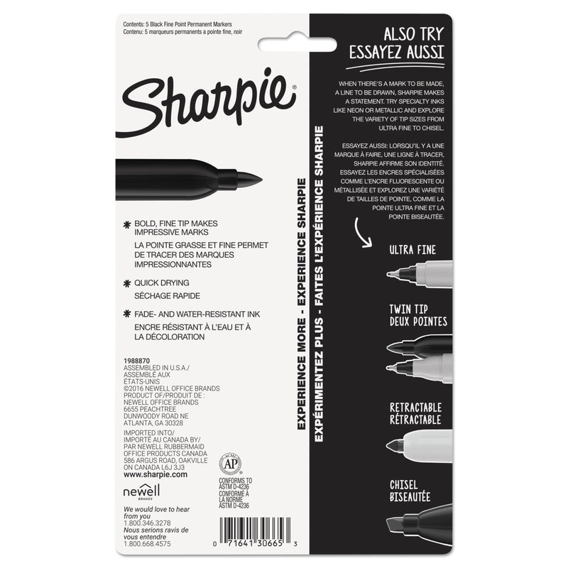 Sharpie Fine Tip Permanent Marker, Fine Bullet Tip, Black, 5/Pack