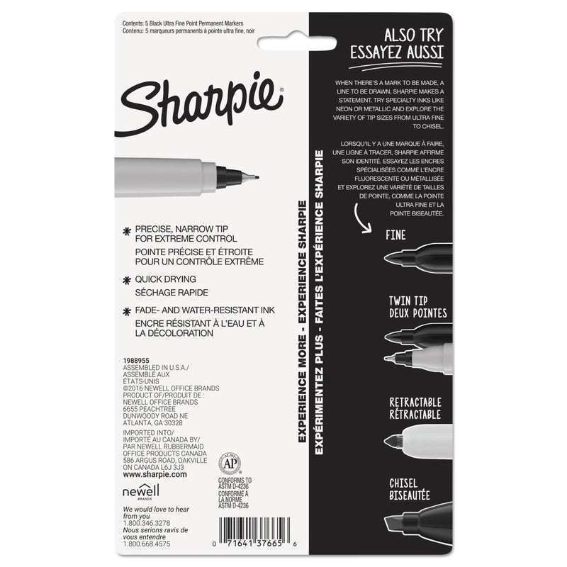 Sharpie Ultra Fine Tip Permanent Marker, Extra-Fine Needle Tip, Black, 5/Pack