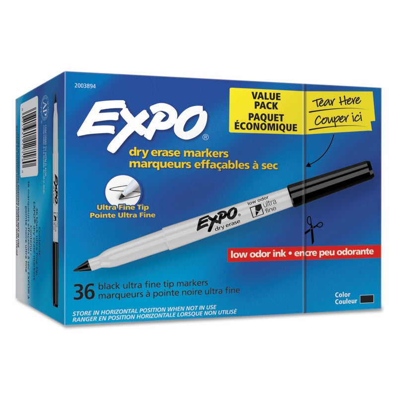 EXPO Low-Odor Dry Erase Marker Office Value Pack, Extra-Fine Needle Tip, Black, 36/Pack