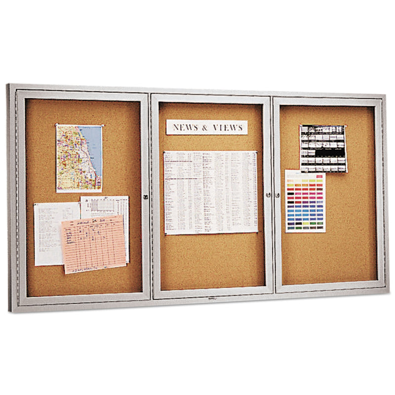 Quartet Enclosed Bulletin Board, Natural Cork/Fiberboard, 72 x 36, Silver Aluminum Frame