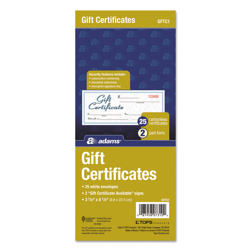 Adams Gift Certificates with Envelopes, 8 x 3.4, White/Canary, 25/Book