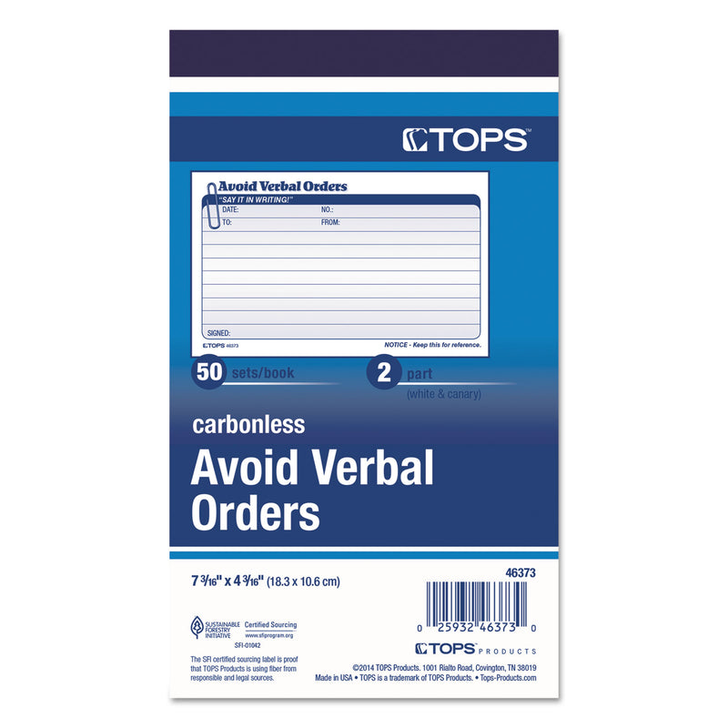 TOPS Avoid Verbal Orders Manifold Book, Two-Part Carbonless, 6.25 x 4.25, 1/Page, 50 Forms