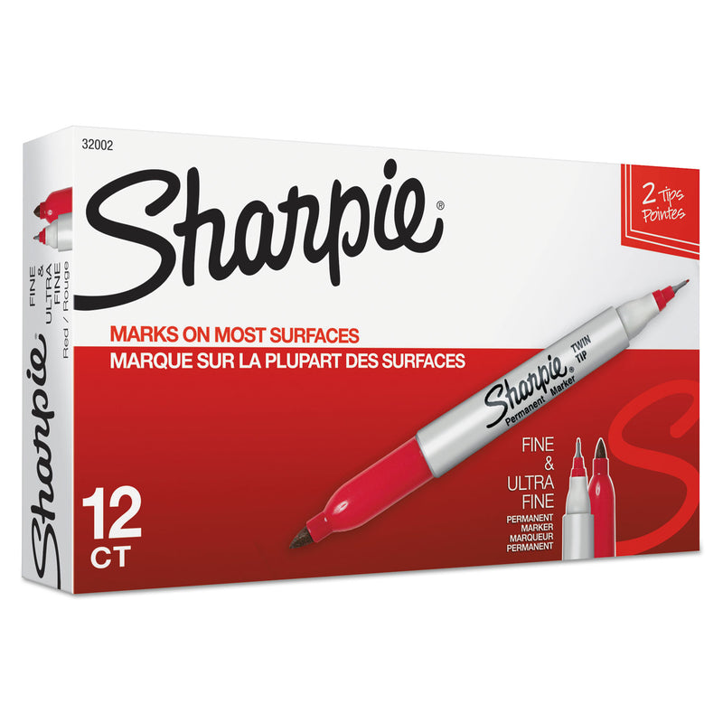 Sharpie Twin-Tip Permanent Marker, Extra-Fine/Fine Bullet Tips, Red, Dozen
