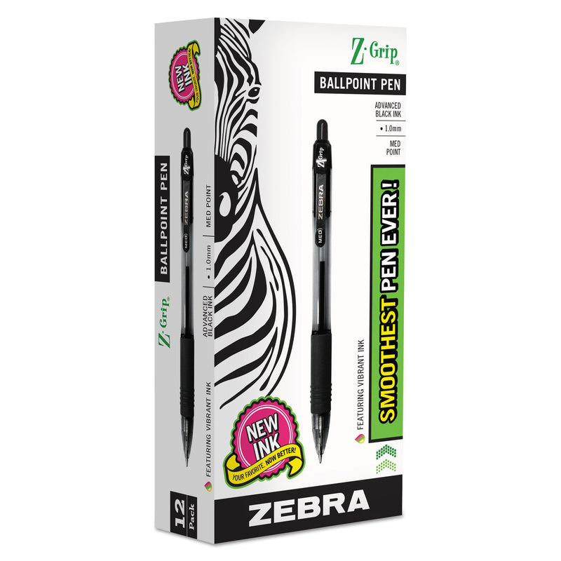 Zebra Z-Grip Ballpoint Pen, Retractable, Medium 1 mm, Black Ink, Clear Barrel, 12/Pack
