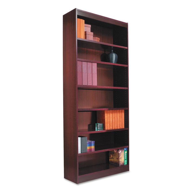 Alera Square Corner Wood Veneer Bookcase, Six-Shelf, 35.63w x 11.81d x 71.73h, Mahogany