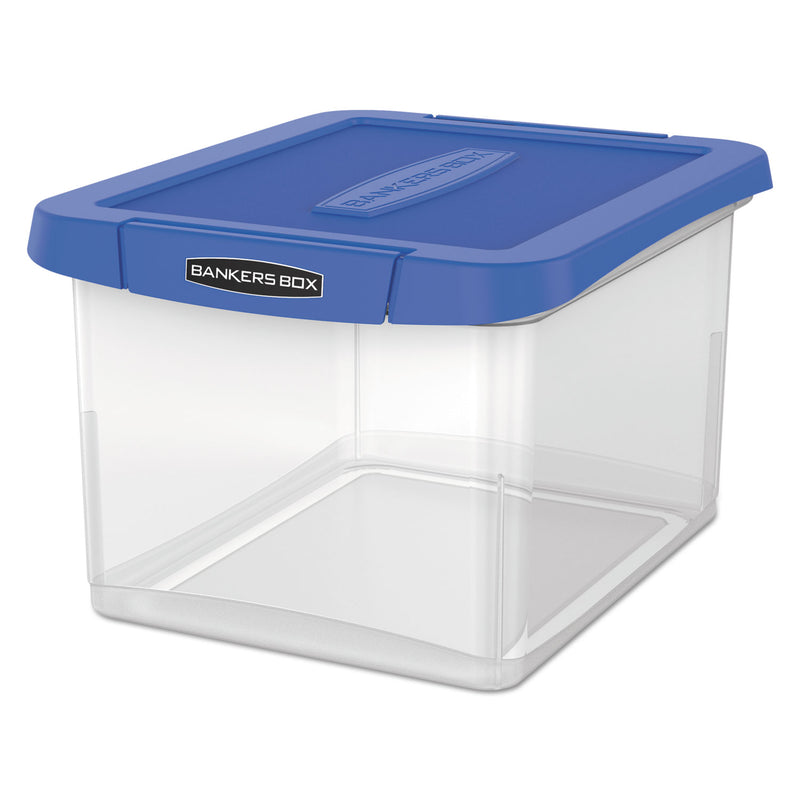 Bankers Box Heavy Duty Plastic File Storage, Letter/Legal Files, 14" x 17.38" x 10.5", Clear/Blue