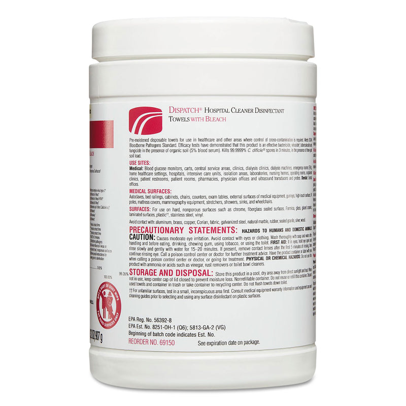 Clorox Dispatch Cleaner Disinfectant Towels, 6.75 x 8, Unscented, 150/Canister, 8 Canisters/Carton