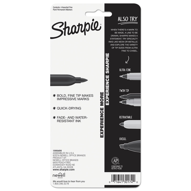 Sharpie Fine Tip Permanent Marker, Fine Bullet Tip, Assorted Colors, 4/Set