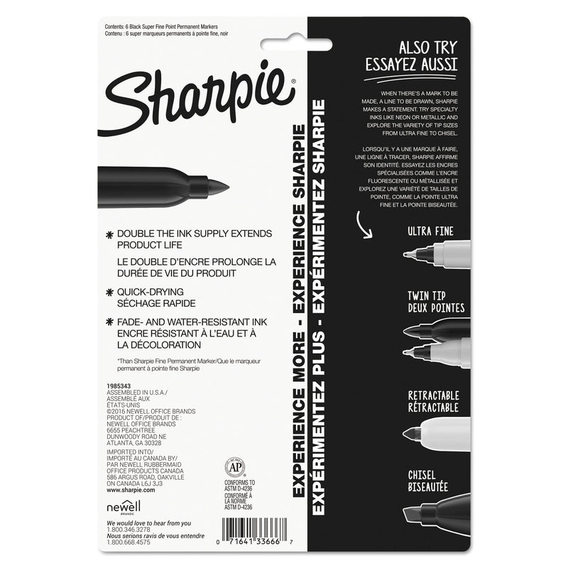Sharpie Super Permanent Marker, Fine Bullet Tip, Black, 6/Pack
