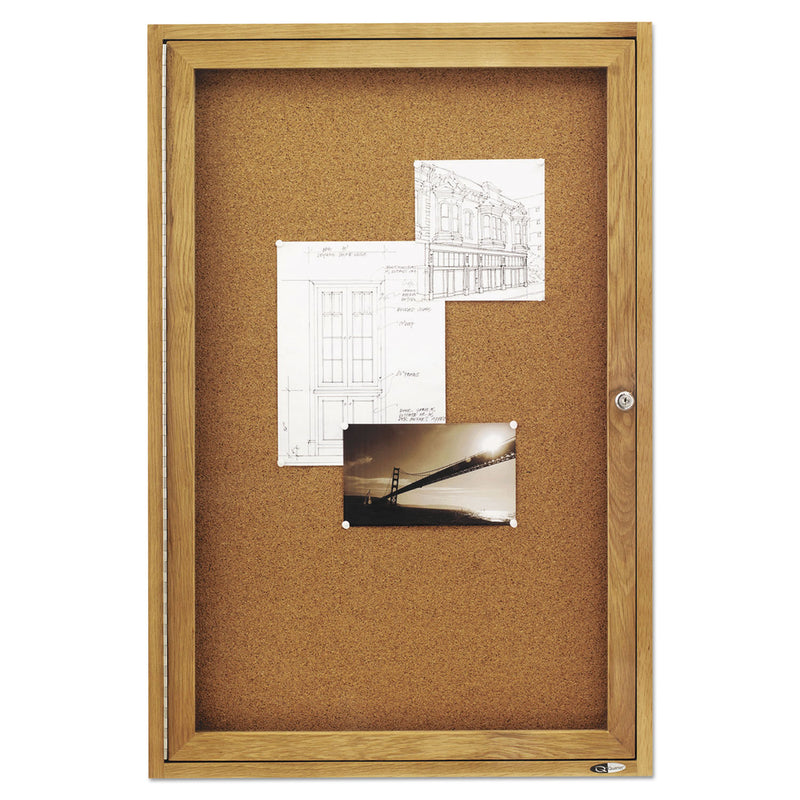 Quartet Enclosed Bulletin Board, Natural Cork/Fiberboard, 24 x 36, Oak Frame