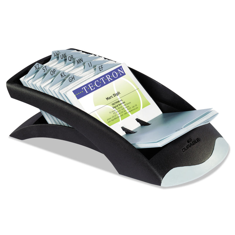 Durable VISIFIX Desk Business Card File, Holds 200 2.88 x 4.13 Cards, 5 x 9.31 x 3.56, Plastic, Graphite/Black