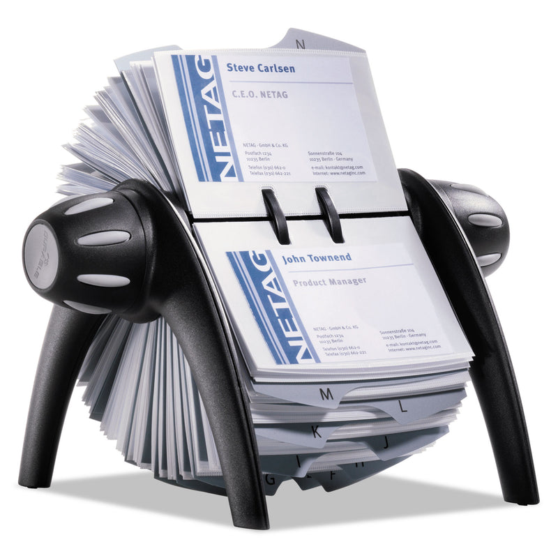 Durable VISIFIX Flip Rotary Business Card File, Holds 400 2.88 x 4.13 Cards, 8.75 x 7.13 x 8.06, Plastic, Black/Silver