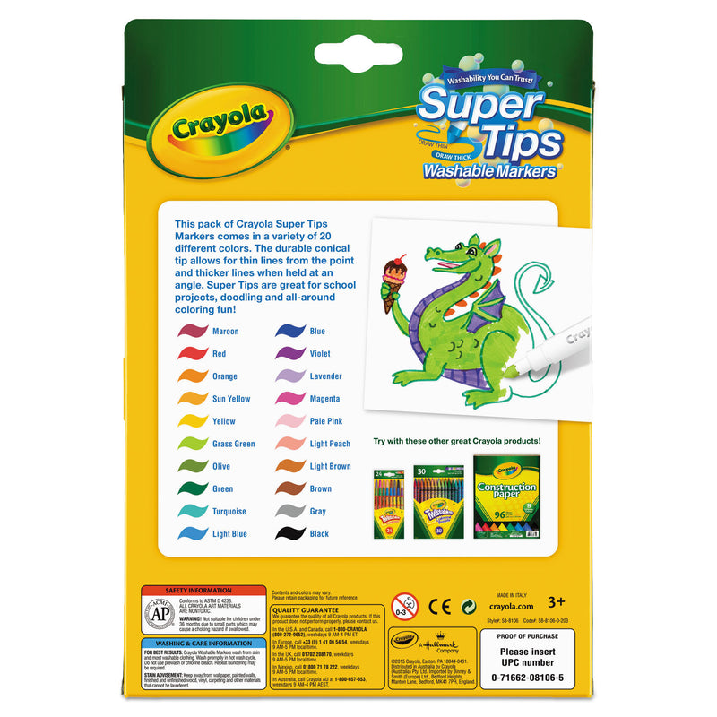 Crayola Washable Super Tips Markers, Fine/Broad Bullet Tips, Assorted Colors, 20/Set