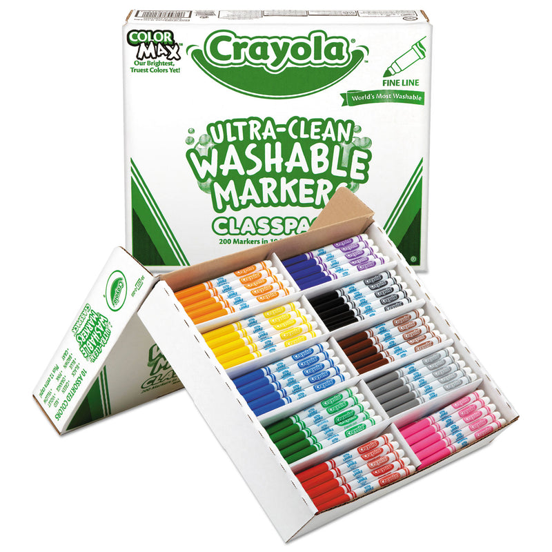 Crayola Ultra-Clean Washable Marker Classpack, Fine Bullet Tip, 10 Assorted Colors, 200/Pack
