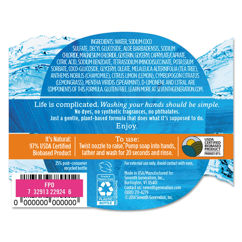 Seventh Generation Natural Hand Wash, Purely Clean, Fresh Lemon and Tea Tree, 12 oz Pump Bottle, 8/Carton