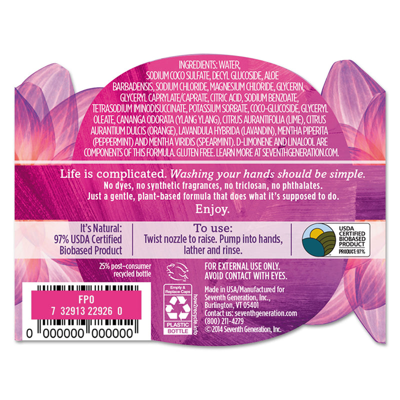 Seventh Generation Natural Hand Wash, Lavender Flower and Mint, 12 oz Pump Bottle, 8/Carton