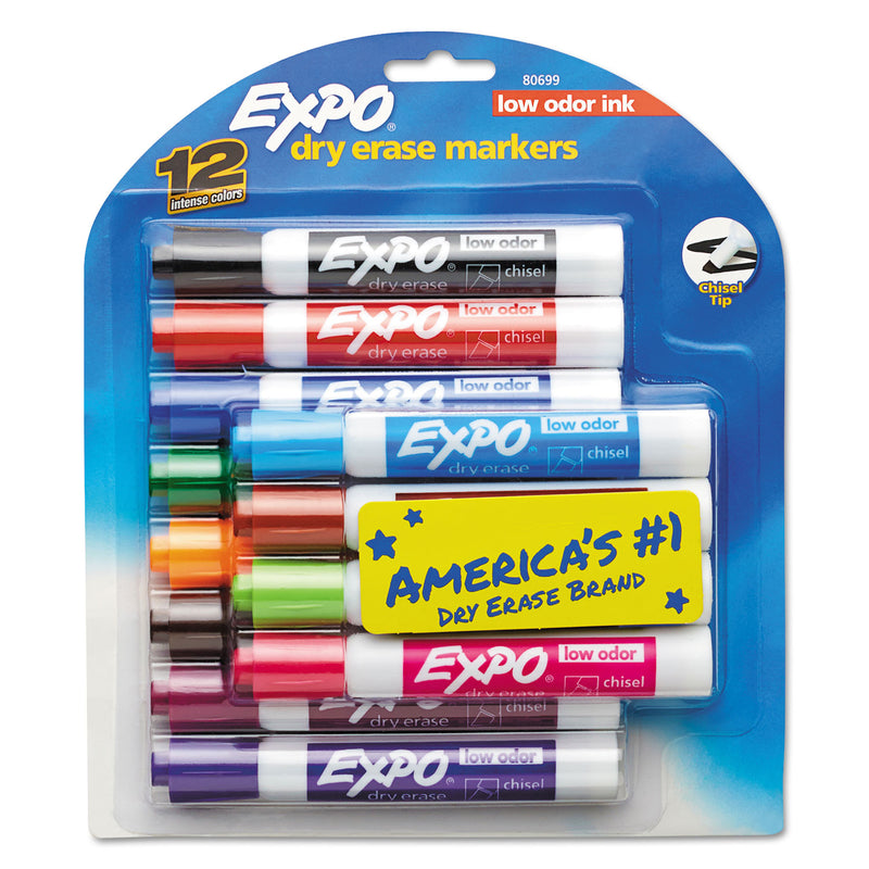 EXPO Low-Odor Dry-Erase Marker, Broad Chisel Tip, Assorted Colors, 12/Set