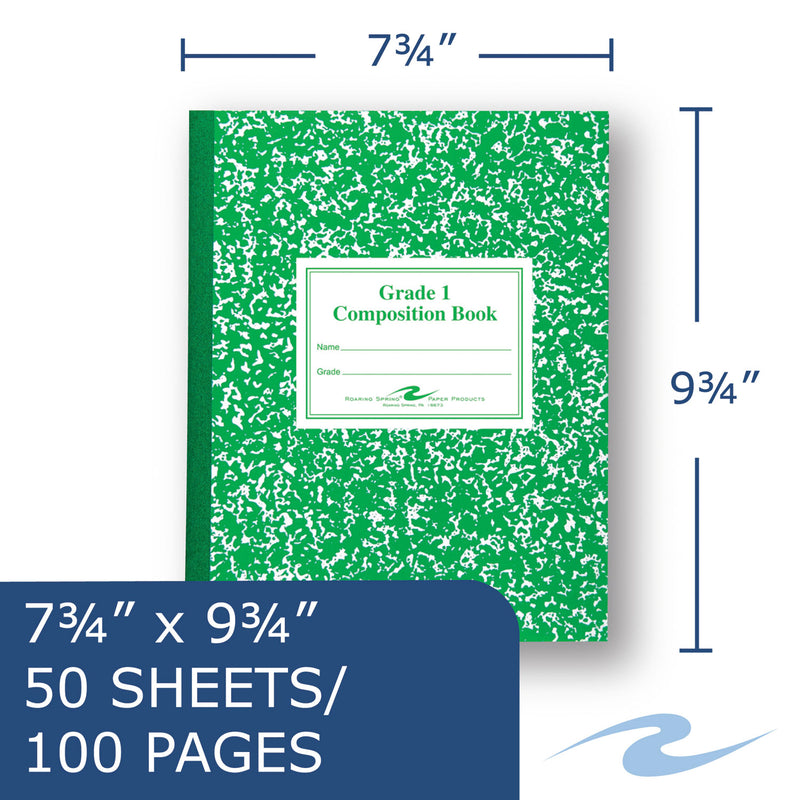 Roaring Spring Grade School Ruled Composition Book, Manuscript Format, Green Cover, 9.75 x 7.75, 50 Sheets
