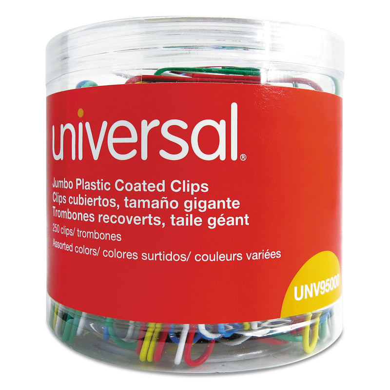 Universal Plastic-Coated Paper Clips, Jumbo, Assorted Colors, 250/Pack