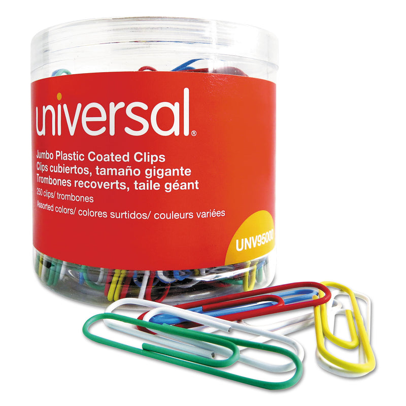 Universal Plastic-Coated Paper Clips, Jumbo, Assorted Colors, 250/Pack
