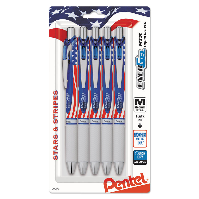Pentel EnerGel RTX Gel Pen, Retractable, Medium 0.7 mm, Black Ink, Red/White/Blue Barrel, 5/Pack