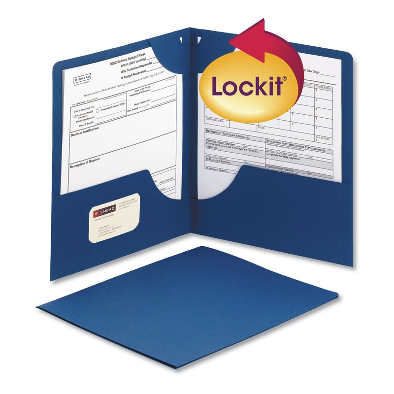 Smead Lockit Two-Pocket Folder, Textured Paper, 100-Sheet Capacity, 11 x 8.5, Dark Blue, 25/Box