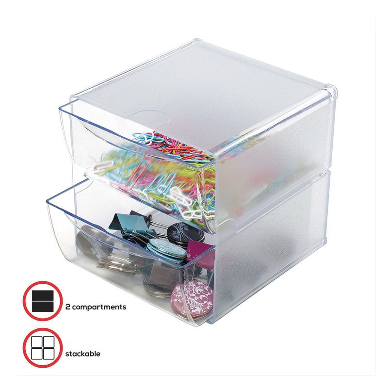 deflecto Stackable Cube Organizer, 2 Compartments, 2 Drawers, Plastic, 6 x 7.2 x 6, Clear