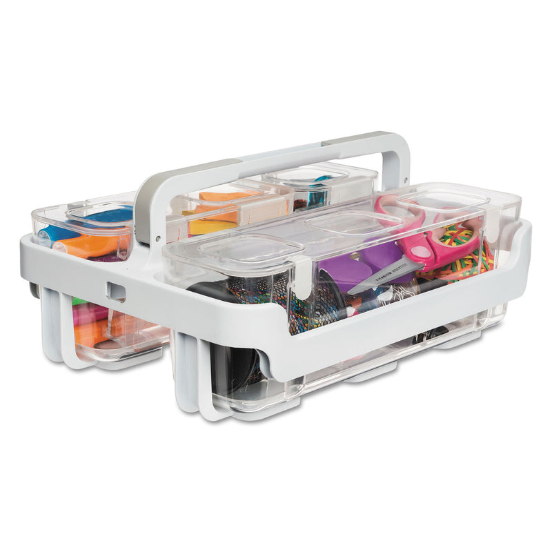 deflecto Stackable Caddy Organizer with S, M and L Containers, Plastic, 10.5 x 14 x 6.5, White Caddy/Clear Containers