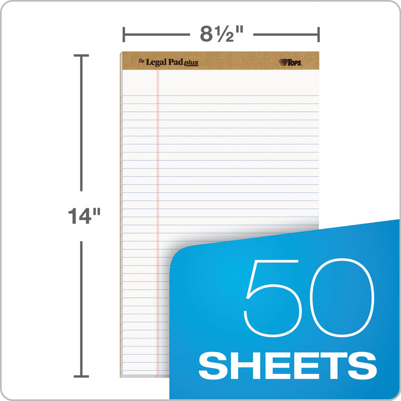 TOPS "The Legal Pad" Plus Ruled Perforated Pads with 40 pt. Back, Wide/Legal Rule, 50 White 8.5 x 14 Sheets, Dozen